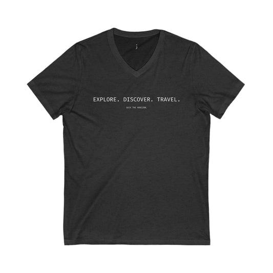 'Explore. Discover. Travel.' Unisex Jersey Short-Sleeve V-Neck T-Shirt